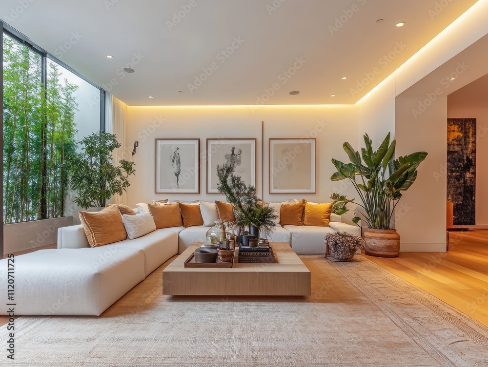 Fototapeta premium Modern Living Room Design With Neutral Tones And Plants