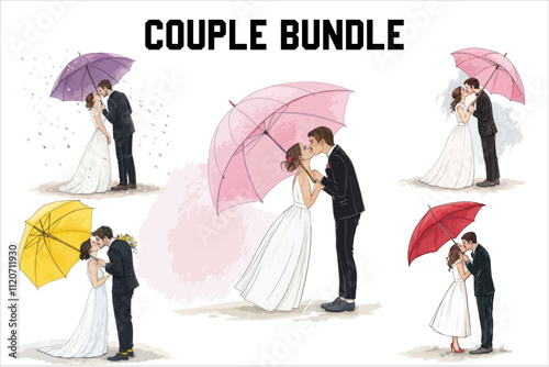 Kissing Couple under umbrella vector Bundle. Kissing couple with umbrella Bundle on white background.