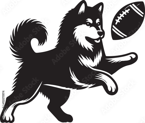 Alaskan Malamute dog playing football vector art