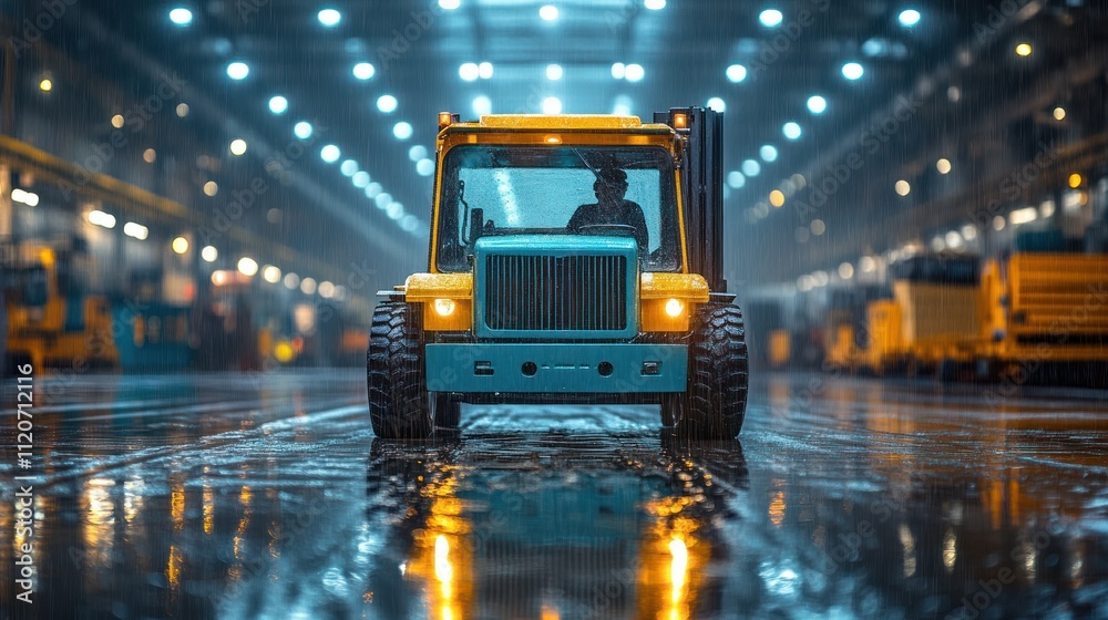 Industrial scene featuring a yellow vehicle in a warehouse. Industrial scene featuring a yellow vehicle in a warehouse.