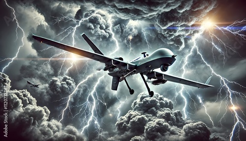 A futuristic military drone soaring through a stormy sky filled with lightning bolts and thick dark clouds, highlighting advanced technology and resilience photo