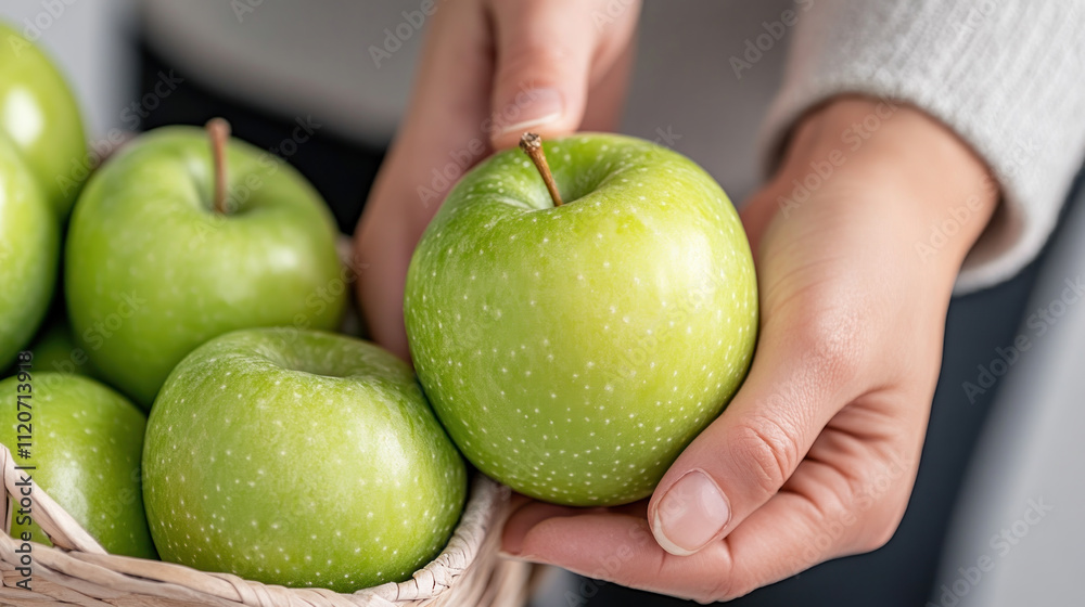 A hand grabbing a green apple from a basket, picking a ripe apple A hand grabbing a green apple from a basket, picking a ripe apple