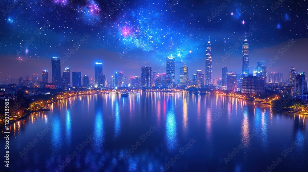 Night cityscape with vibrant lights and starry sky reflection. Night cityscape with vibrant lights and starry sky reflection.
