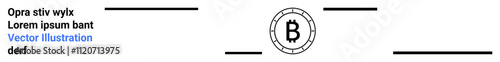 Bitcoin coin in the center with surrounding divider lines and placeholder text on the left. Ideal for financial themes, cryptocurrency, online transactions, fintech, digital wallets, blockchain