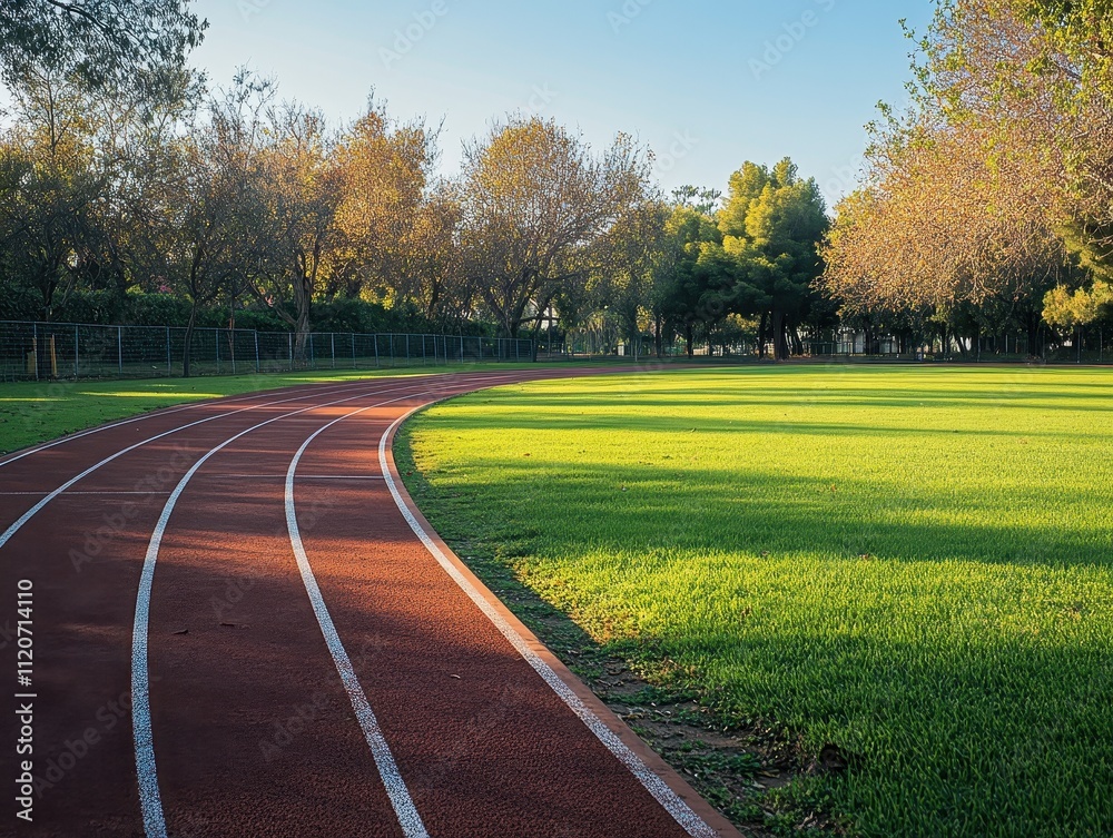 Running Track Curves Through Lush Green Parkland Running Track Curves Through Lush Green Parkland