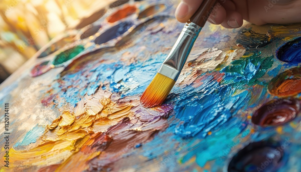 Artist hand painting vibrant colors on palette
