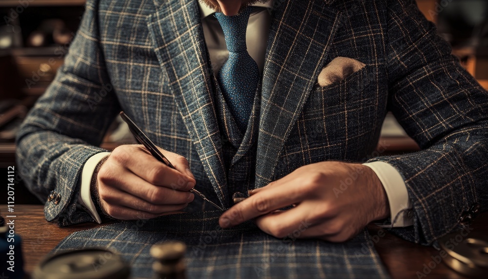 Fototapeta premium Tailor meticulously crafting a bespoke suit