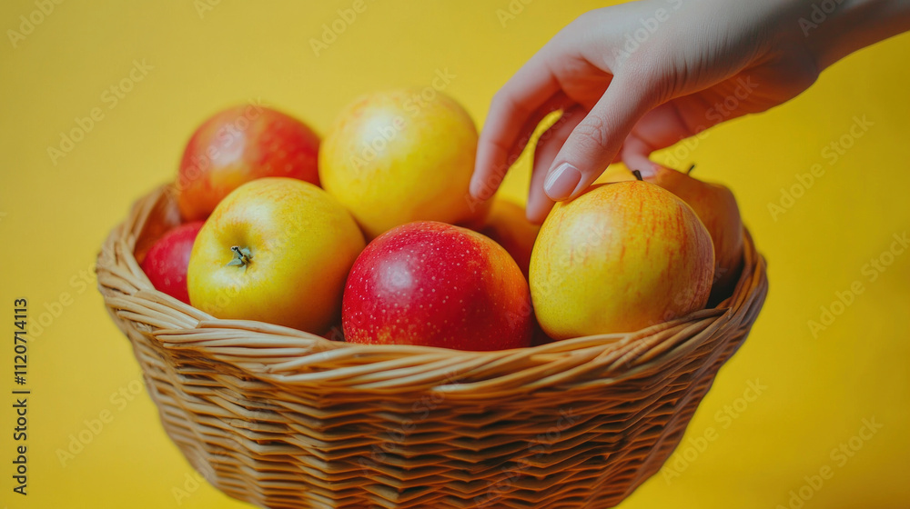 A hand grabbing an orange apple from a basket, picking a ripe apple A hand grabbing an orange apple from a basket, picking a ripe apple