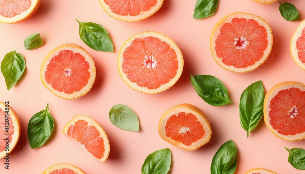 Grapefruit halves and basil leaves arranged on a pink background Grapefruit halves and basil leaves arranged on a pink background