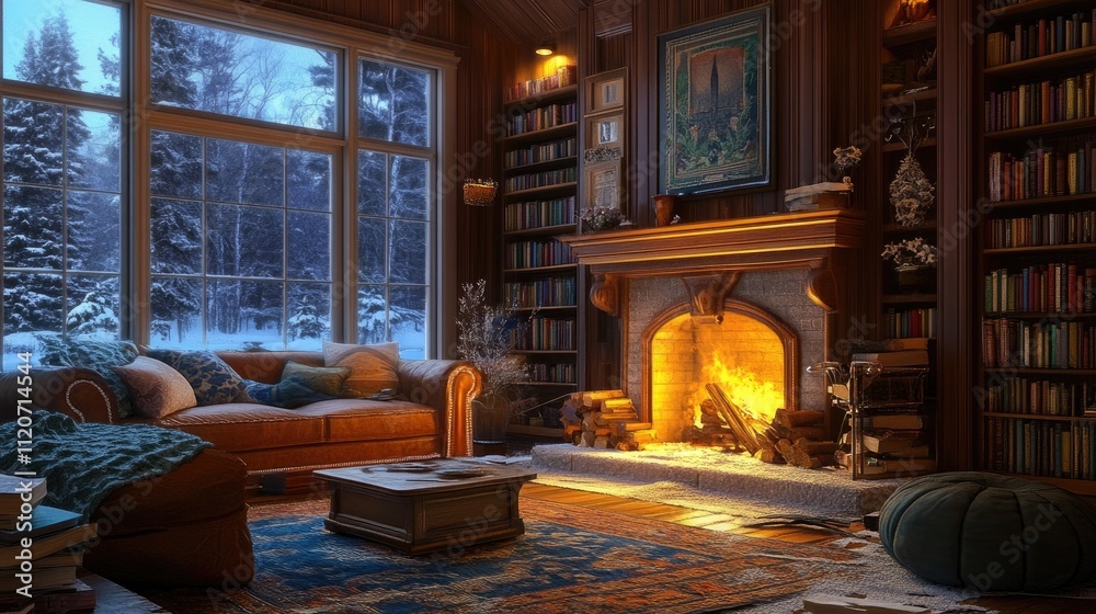 Cozy winter library with fireplace, bookshelves, and snow scene. Cozy winter library with fireplace, bookshelves, and snow scene.