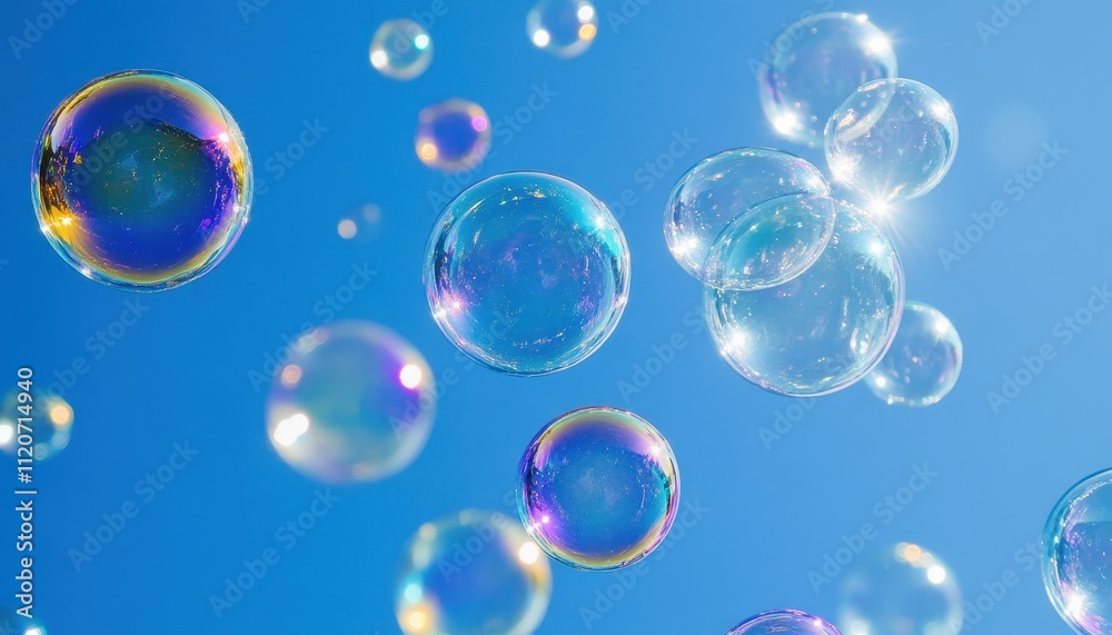 Colorful soap bubbles float against a bright blue sky Colorful soap bubbles float against a bright blue sky