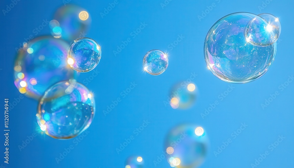 Rainbow Soap Bubbles Float Against Blue Sky Rainbow Soap Bubbles Float Against Blue Sky