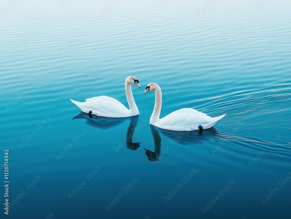 Two Graceful Swans Swim Together On Calm Blue Water Two Graceful Swans Swim Together On Calm Blue Water
