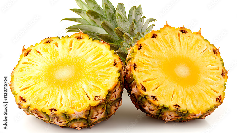 Two juicy pineapple slices, freshly cut and showing their vibrant yellow flesh. The green leaves are still attached, showcasing the fruit's natural beauty. Two juicy pineapple slices, freshly cut and showing their vibrant yellow flesh. The green leaves are still attached, showcasing the fruit's natural beauty.