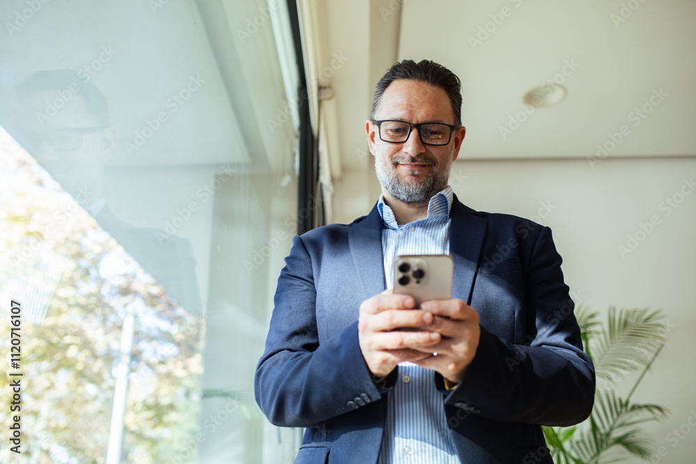 Middle-aged businessman using smartphone near office window Middle-aged businessman using smartphone near office window