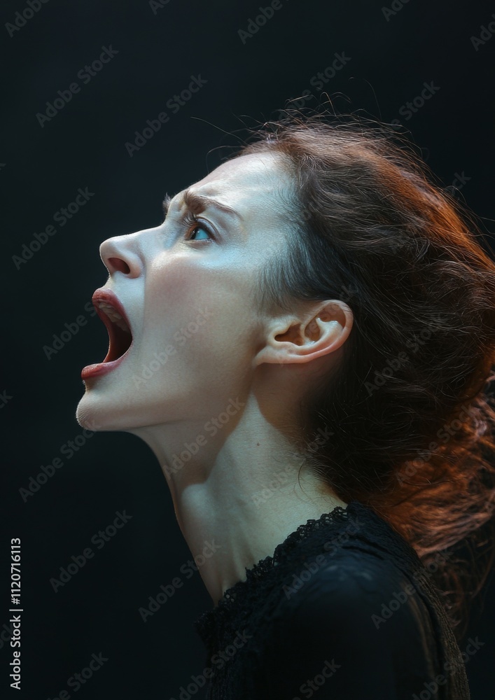 Expressive portrait of a woman screaming in a dramatic dark setting Expressive portrait of a woman screaming in a dramatic dark setting