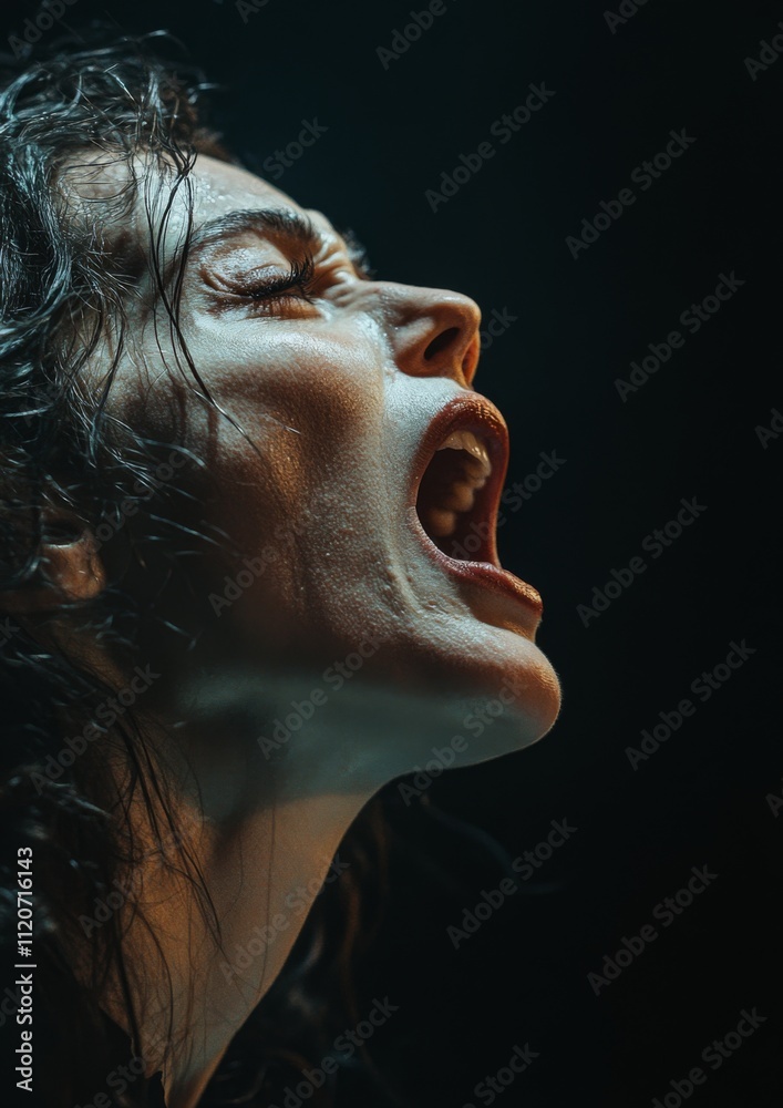 Fototapeta premium Close-up of a woman yelling with wild hair backlit by soft light