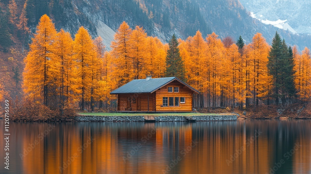 Fototapeta premium Tranquil cabin by a lake surrounded by vibrant autumn trees.