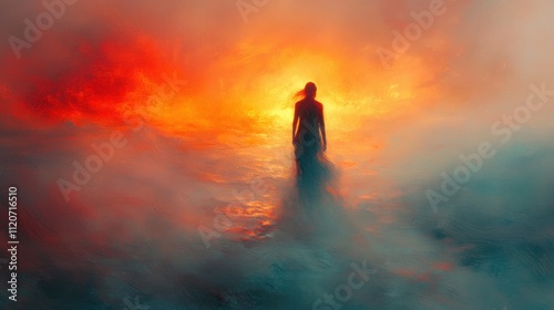 Jesus Walking on Sand Towards the Rising Sun Spiritual Journey Faith Footsteps