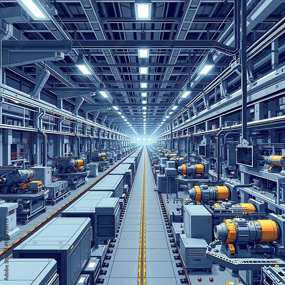 A futuristic, high-tech industrial warehouse with sprawling assembly lines A futuristic, high-tech industrial warehouse with sprawling assembly lines