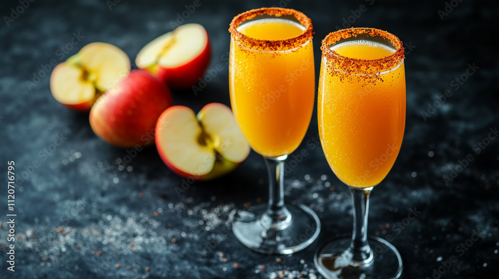 Two caramel apple mimosas in champagne flutes surrounded by festive autumn decorations, symbolizing celebration, indulgence, and the warmth of seasonal gatherings