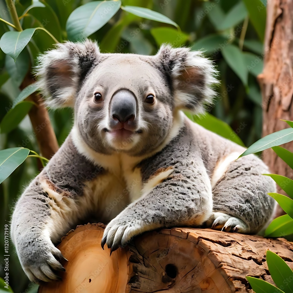 Fototapeta premium Chilled Koala is Lounging on a Tree Stump. generative by AI