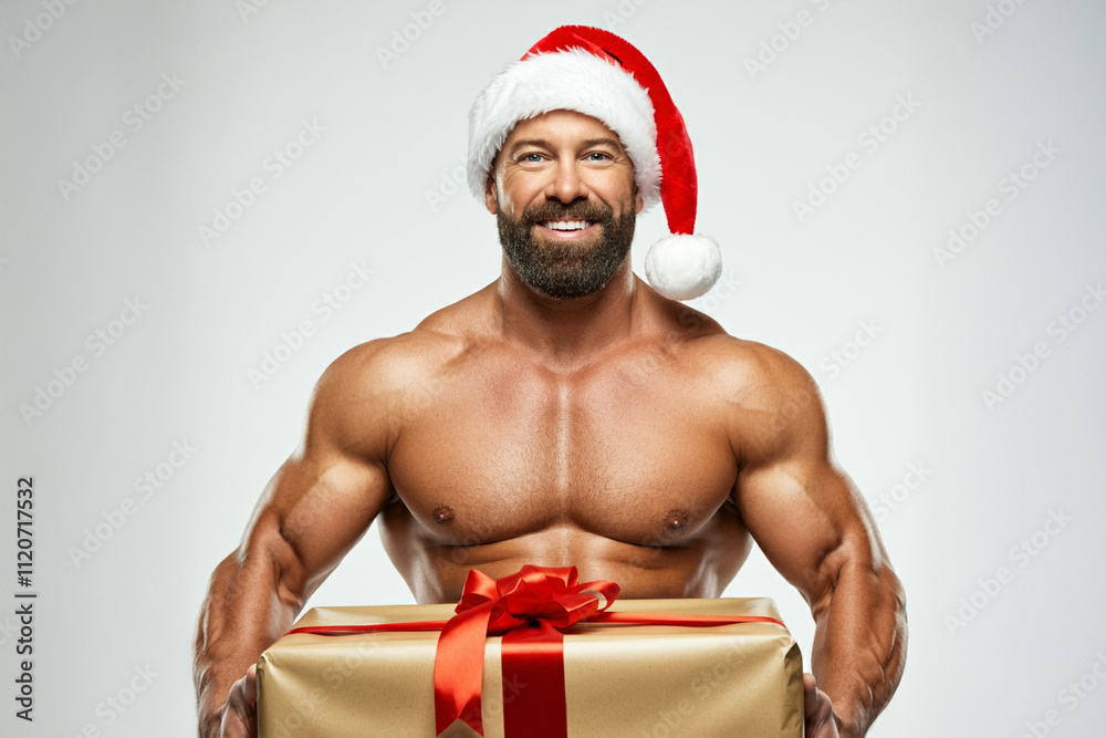 Muscular man with beard wearing a Santa hat and holding a present box Muscular man with beard wearing a Santa hat and holding a present box
