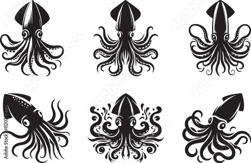 Black silhouette of Giant Squid Fish illustration icon vector