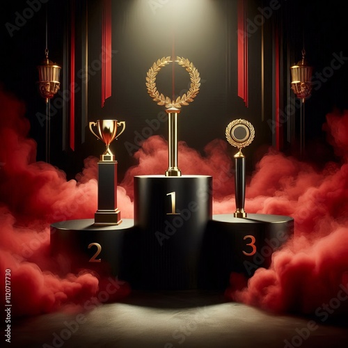 Stage with spotlight and red velvet curtains featuring a carpeted floor illuminated by dramatic lighting, designed for theater performances or movie events photo