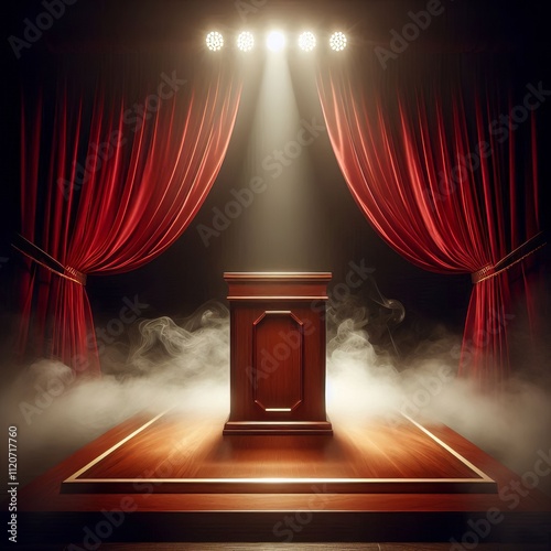 Stage with spotlight and red velvet curtains featuring a carpeted floor illuminated by dramatic lighting, designed for theater performances or movie events photo