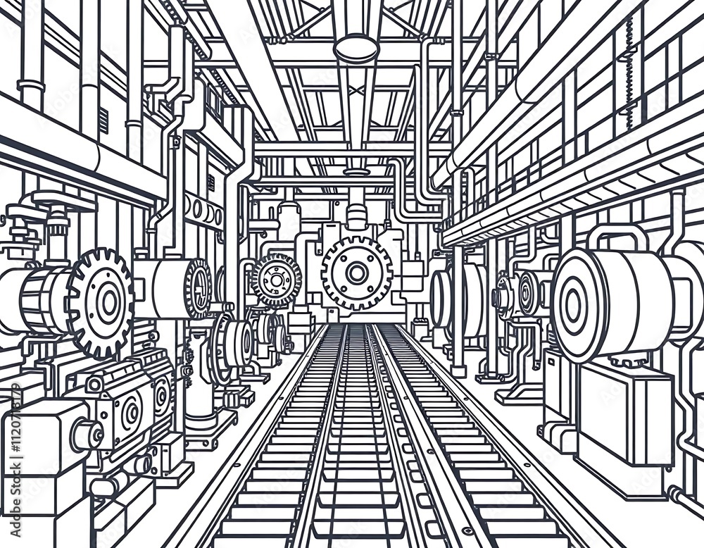 Industrial machinery hall in a minimalist aesthetic Industrial machinery hall in a minimalist aesthetic