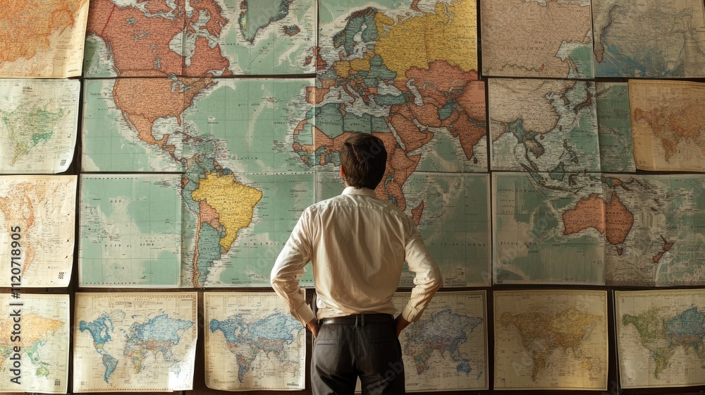 Obraz premium Man studying vintage world maps on wall.