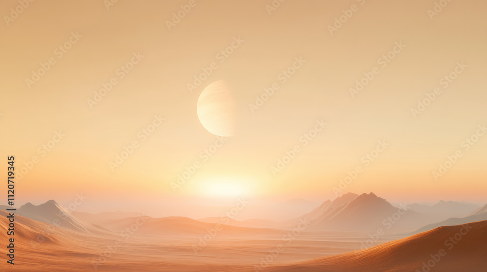Surreal Desert Landscape with Moon and Sun Surreal Desert Landscape with Moon and Sun