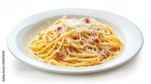 Realistic and finely detailed shot of a plate of creamy Alfredo pasta 