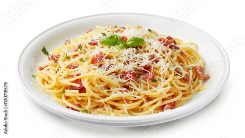 Realistic and finely detailed shot of a plate of creamy Alfredo pasta 