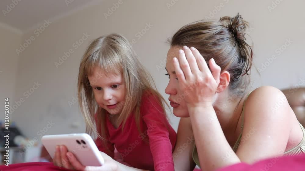 mother and daughter watching video on smartphone while lying on bed mother and daughter watching video on smartphone while lying on bed