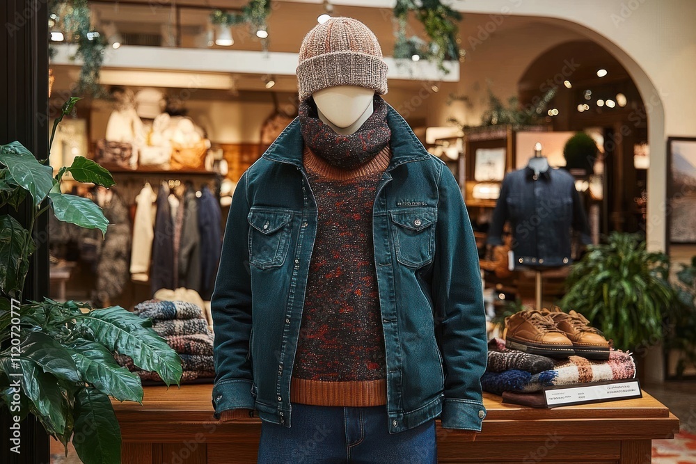 Cozy Retail Space Showcasing Stylish Winter Outfit on Mannequin in Warm Color Palette with Diffused Lighting Cozy Retail Space Showcasing Stylish Winter Outfit on Mannequin in Warm Color Palette with Diffused Lighting