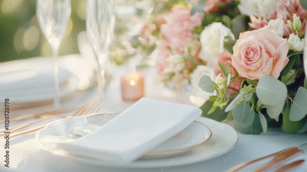 Elegant Wedding Table Setting: A close-up of a beautifully set wedding table, featuring a pristine white napkin, a gold rimmed plate, and a delicate arrangement of blush pink roses and greenery. Elegant Wedding Table Setting: A close-up of a beautifully set wedding table, featuring a pristine white napkin, a gold rimmed plate, and a delicate arrangement of blush pink roses and greenery.