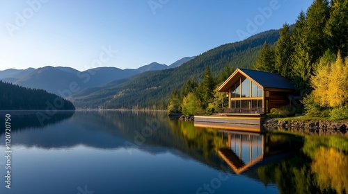 Luxury lakeside cabin with stunning mountain and forest views, reflecting on calm waters, a serene getaway for relaxation and nature lovers