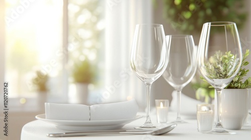 Elegant Table Setting: A minimalist table setting with two wine glasses, white napkins, silverware and candles, bathed in soft natural light.  Perfect for a romantic dinner, special occasion.