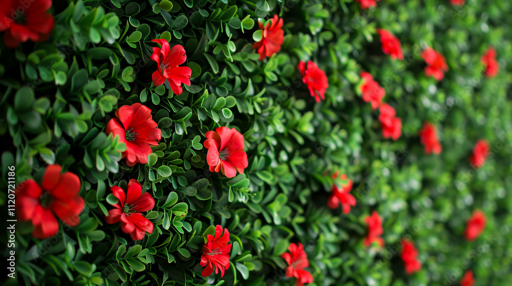 Artificial Grass Wall: Pretty fake grass wallpaper with red flowers. Artificial Grass Wall: Pretty fake grass wallpaper with red flowers.