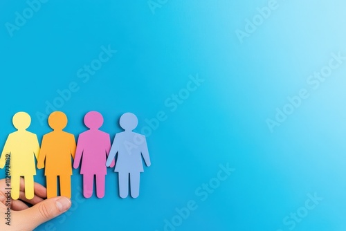 Colorful Paper Figures Held in a Hand Against a Blue Background photo