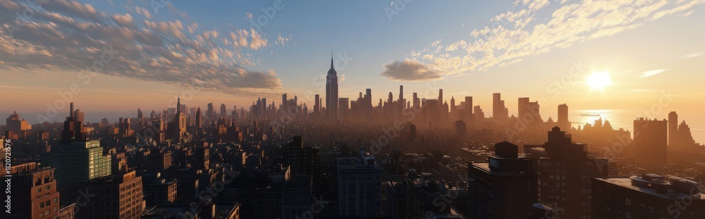 A breathtaking panoramic view of a vibrant New York City skyline at sunset with iconic skyscrapers, warm golden light, and soft clouds creating a serene atmosphere. A breathtaking panoramic view of a vibrant New York City skyline at sunset with iconic skyscrapers, warm golden light, and soft clouds creating a serene atmosphere.