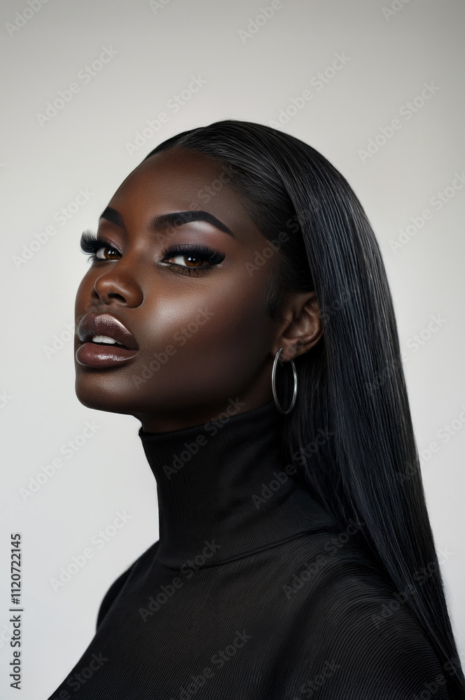 Fototapeta premium African American Model Black Model Wearing Straight Brazilian Wig Earrings and Lash Extensions Studio Shot Straight Hair Bundles Straight Hair Extensions