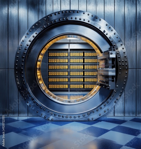 A Stunning Interior View of an Open Vault Door Revealing Rows of Gold Bars Inside a Secure Bank Environment with Gleaming Metal Finishes photo