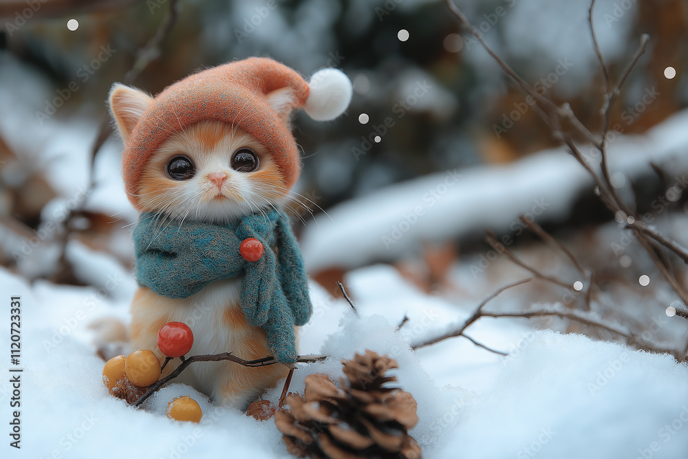Fototapeta premium Share warm hearts on Christmas in cold winter. Fox, Rudolph, squirrel, cat, dog, snowman, Santa all make you happy.