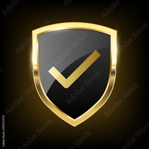 Golden Check mark, Gold black shield Realistic armory trophy with metal coat, tick icon protection emblem, vintage Approved Label shiny royal award. vector design illustration on dark background 