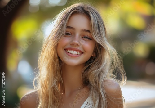 Bright and Cheerful Young Woman Smiling Outdoors with Beautiful Natural Background in Soft Focus