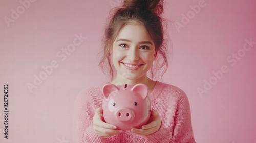 Happy Woman Holding Piggy Bank