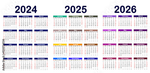 Calendar 2024,2025,2026 years.Simple template. Week starts Sunday,template of pocket or wall calenders,Portrait orientation,English.